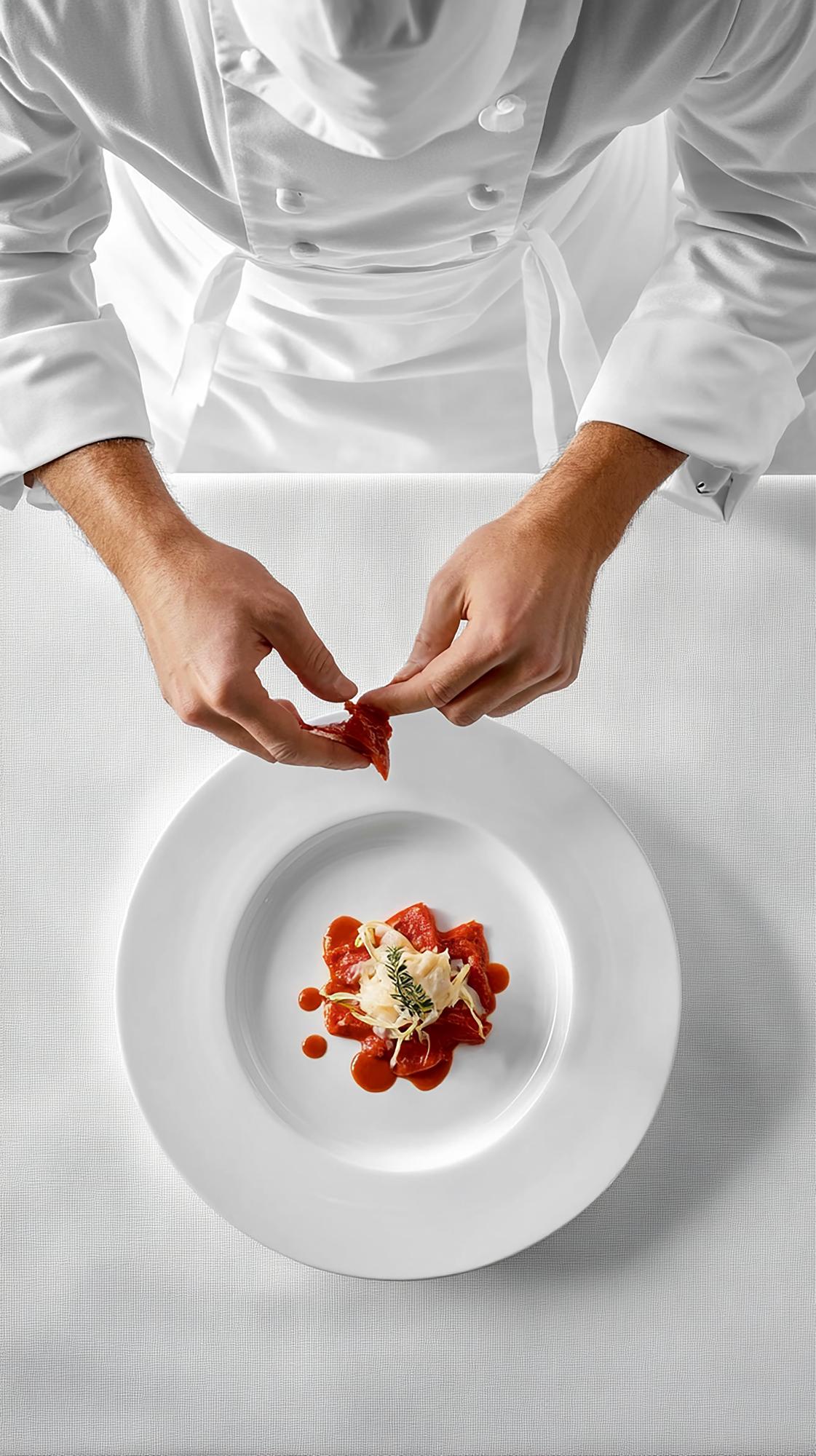 Chef preparando una pietanza contemporanea in cucina